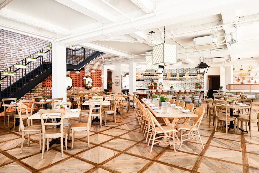 The main dining room at Rosemary's East set for a full-venue event.